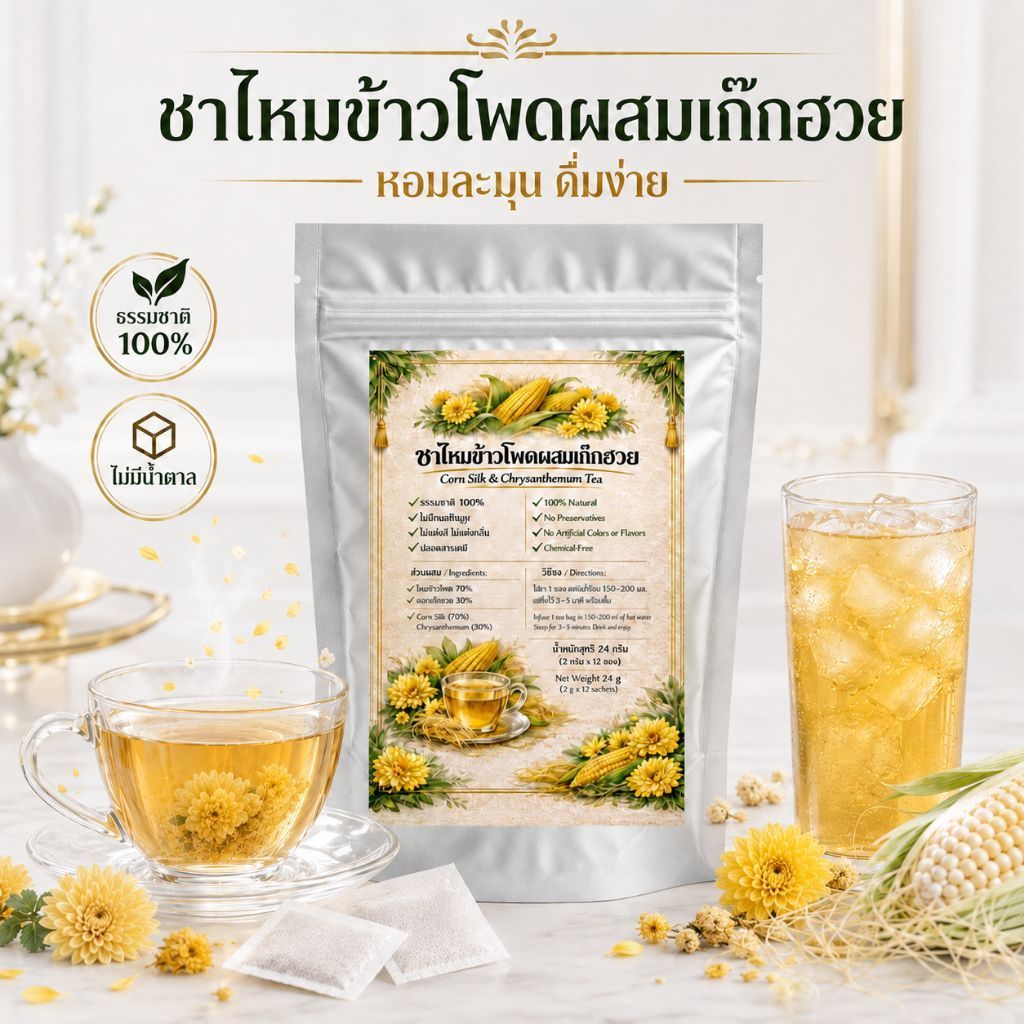 ชาไหมข้าวโพดผสมดอกเก๊กฮวยก 12 ซองชา ความหอมละมุนที่ลงตัวของไหมข้าวโพดและดอกเก็กฮวยชาสมุนไพรที่ดื่มง่าย ไม่หนักเกินไป