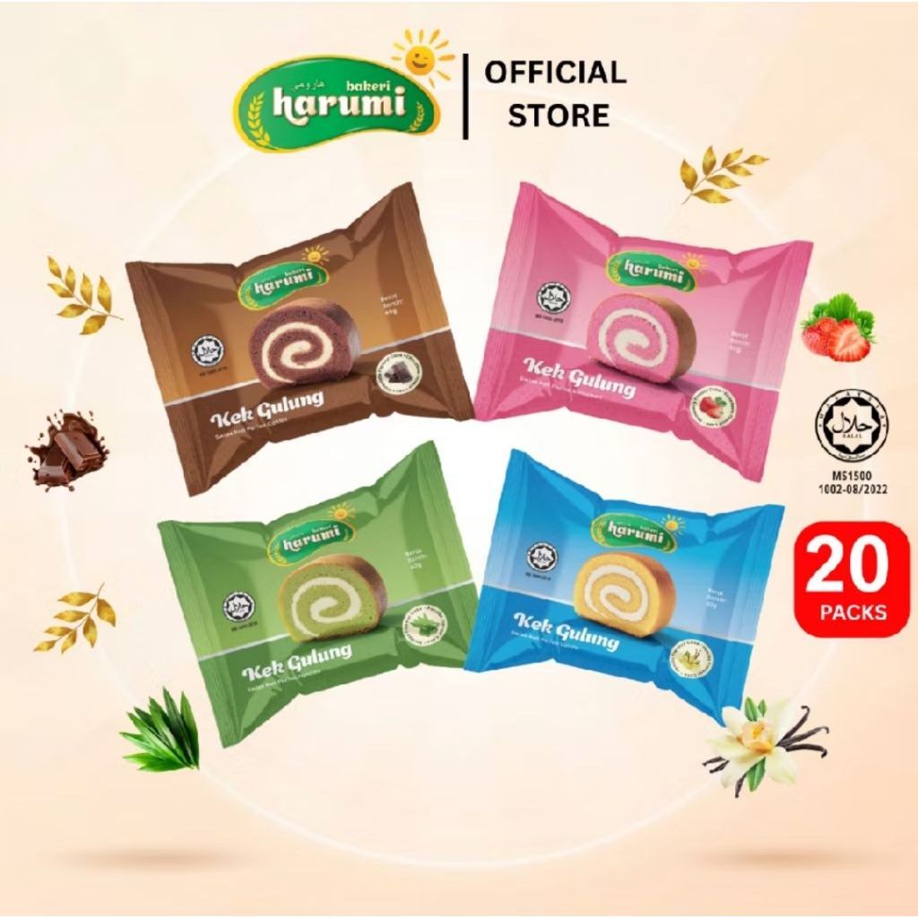 HARUMI BAKERI Swiss Roll [20pcs] - Swiss roll cake Halal | Strawberry/Chocolate/Pandan/Vanilla