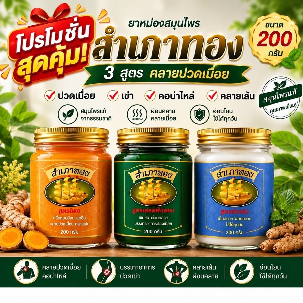 ส่งฟรี ของแท้ ยาหม่องสำเภาทอง(สูตร) เสลดพังพอน มี 3 ขนาด ยาหม่องสูตรร้อน กลิ่นหอมสดชื่น