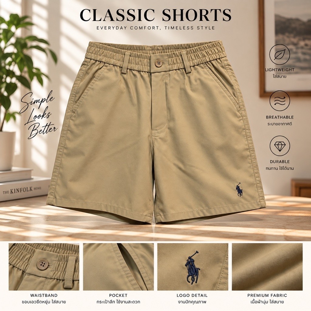 กางเกงขาสั้นผู้ชาย แฟชั่น Casual ทรงสวย เอวยางยืด ใส่สบาย สไตล์มินิมอล