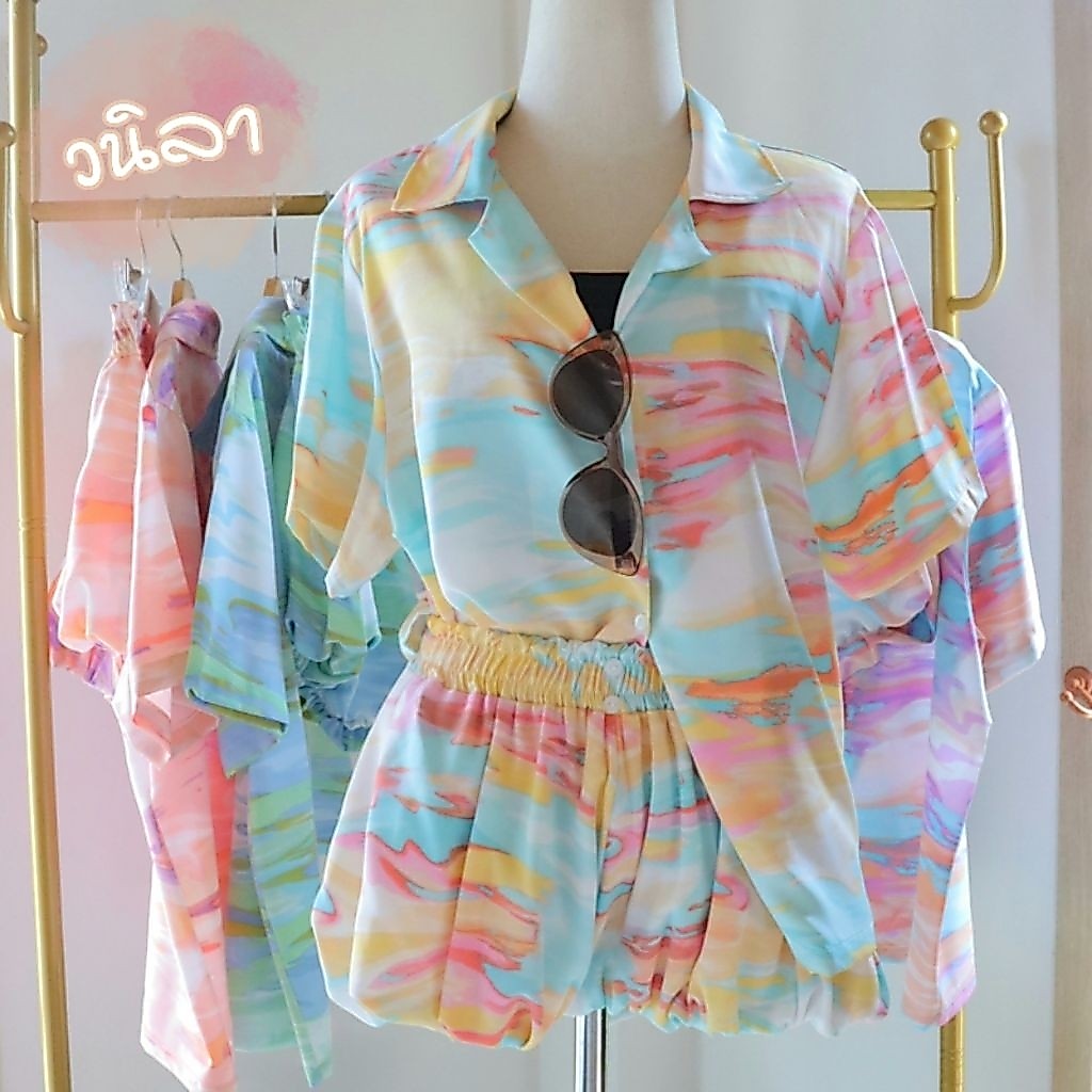 COCO SET เซ็ตเสื้อกางเกงลายทะเลสุดชิล ลายผ้าโทนพาสเทลสดใส ใส่แล้วดูสดชื่นเหมือนได้ไปพักร้อนทุกวัน!ผ้านุ่มใส่สบายสุดๆ