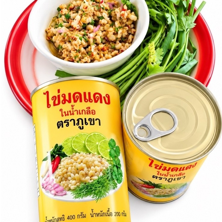 ไข่มดแดงกระป๋อง หรือ ไข่มดส้มกระป๋องในน้ำเกลือ ของอร่อยจากไข่มด ผลิตจาก มด จริงๆ มาในรูปแบบกระป๋อง มีให้รับประทานทั้งปี