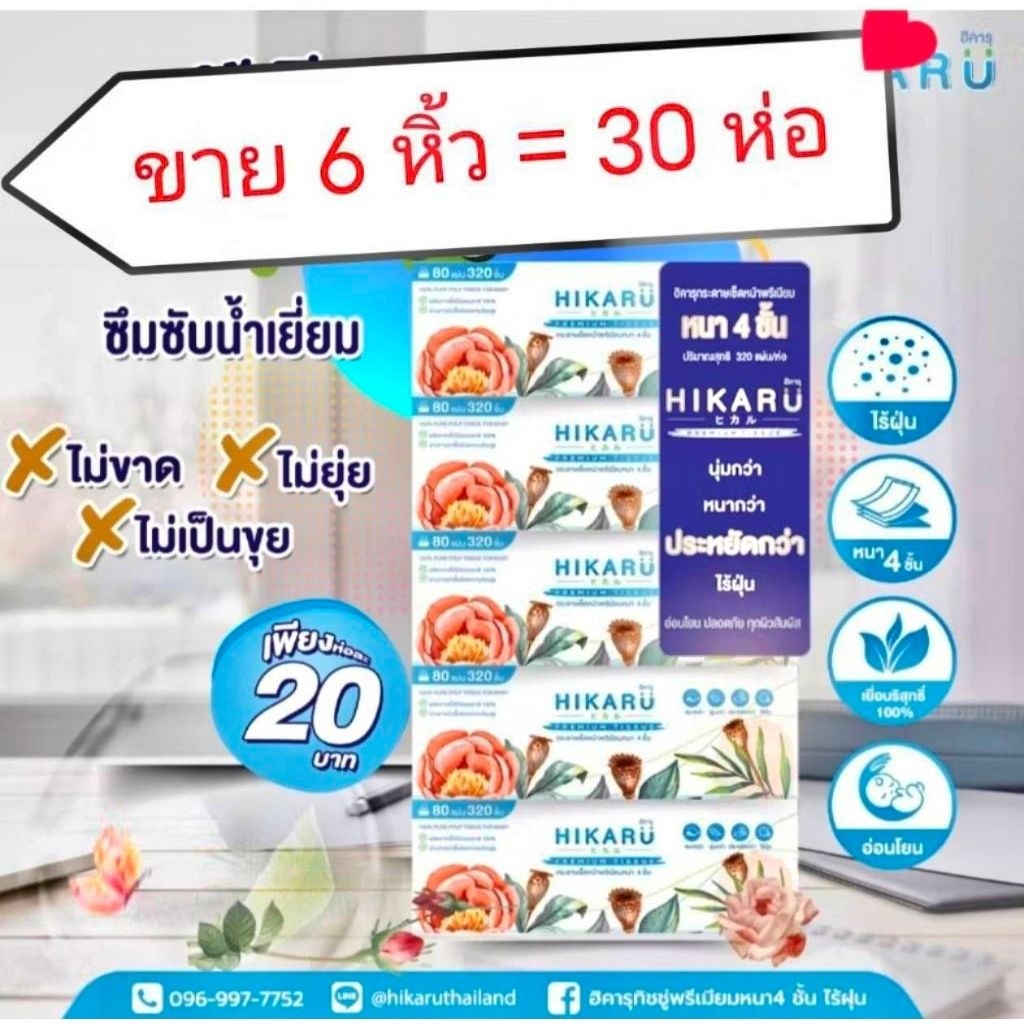 (ขาย6หิ้ว)HIKARU ฮิคารุทิชชู่ กระดาษเช็ดหน้าเกรดพรีเมี่ยม หนา4ชั้น