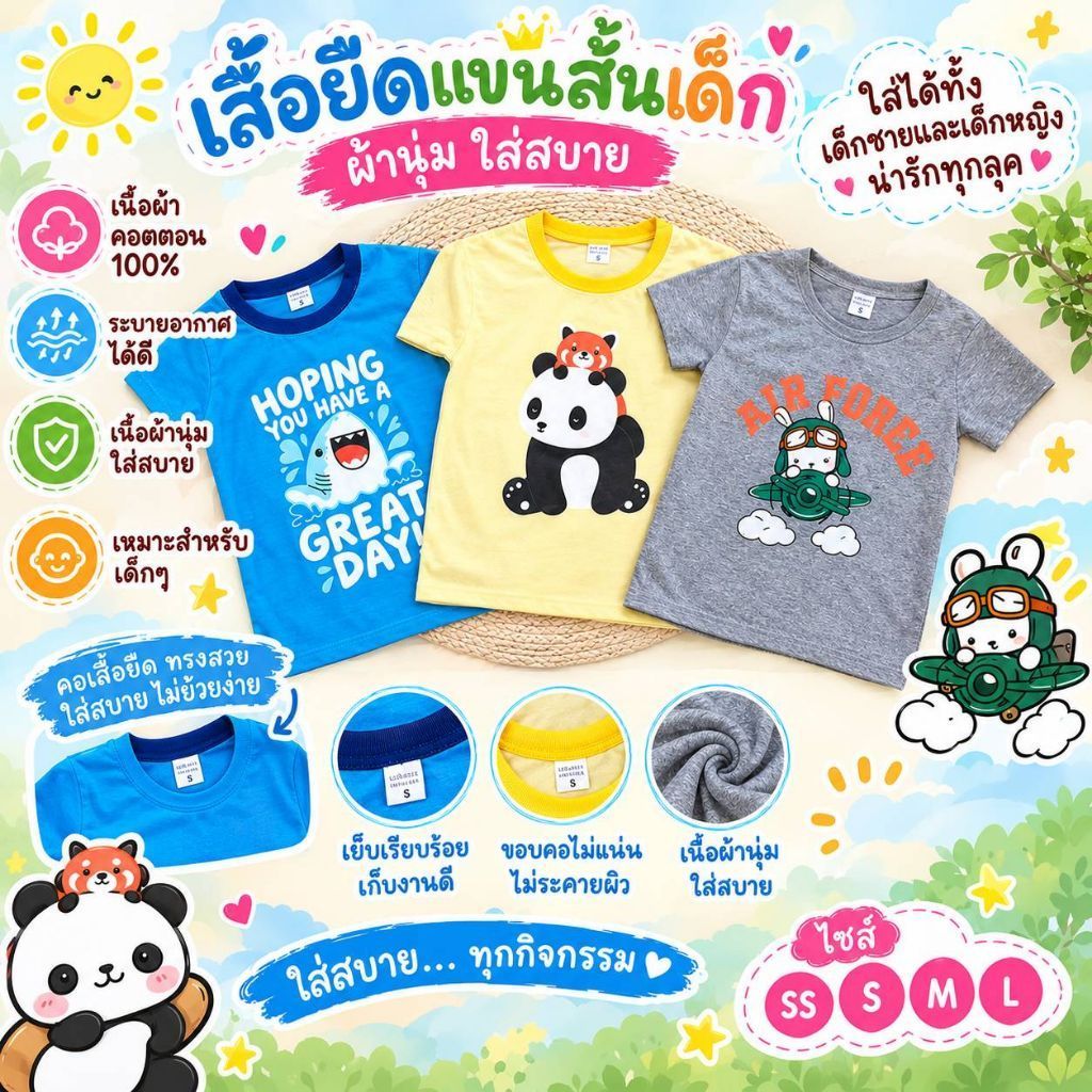 (แพ็ค 3 ตัว, 6 ตัว) เสื้อแขนสั้นเด็ก ผ้าคอตตอน 100%