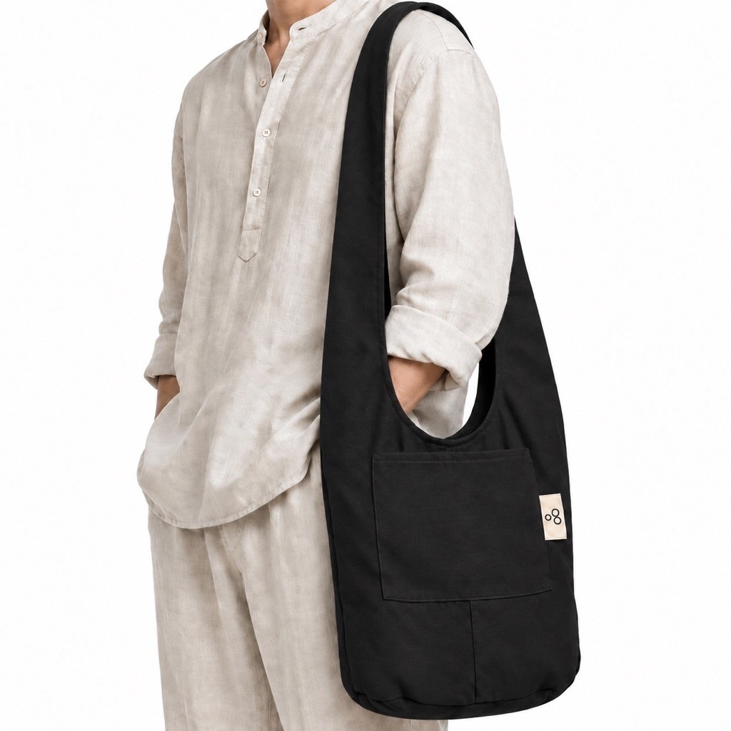 Black Cotton Canvas Monk Hippie Bohemian Crossbody Yoga Bag ผ้าใบผ้าฝ้ายสีดำพระฮิปปี้ Crossbody กระเป๋าโยคะ
