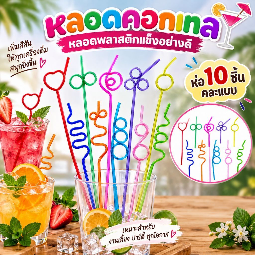 หลอดพลาสติกแข็ง หลอดน้ำคอกเทล ห่อ10ชิ้น