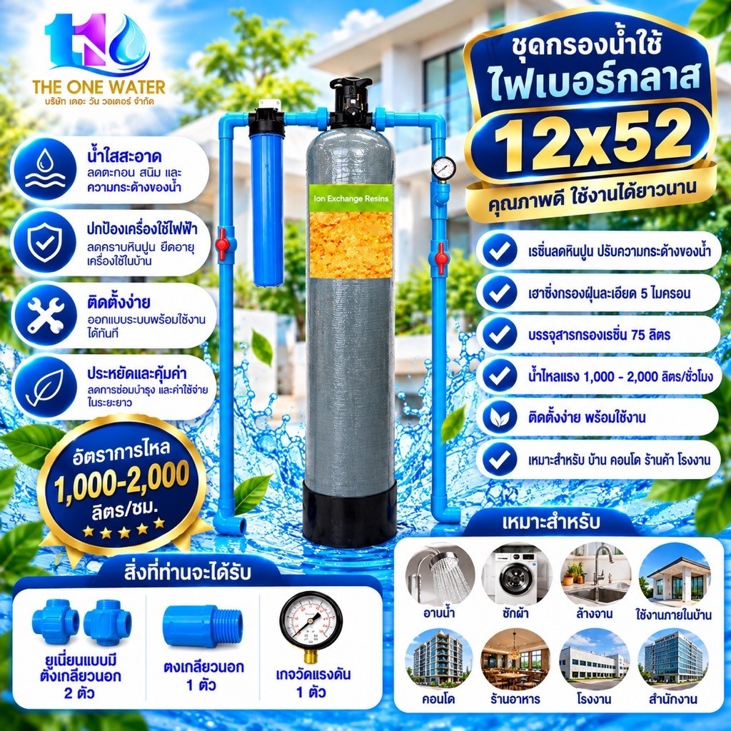 กรองน้ำใช้ถังกรองไฟเบอร์ 12x52 พร้อมสารกรองเรซิ่นพร้อมเฮาซิ่งกรองฝุ่นขนาด20นิ้ว