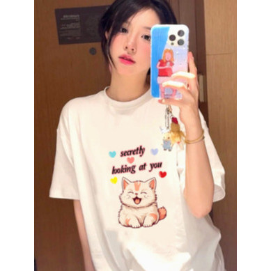 เสื้อยืดคอกลมพิมลายแมวยิ้ม วัสดุทำมาจากผ้าไหมนม  เสื้อน่ารัก ใส่สบาย ไม่ร้อน BP001-T0005