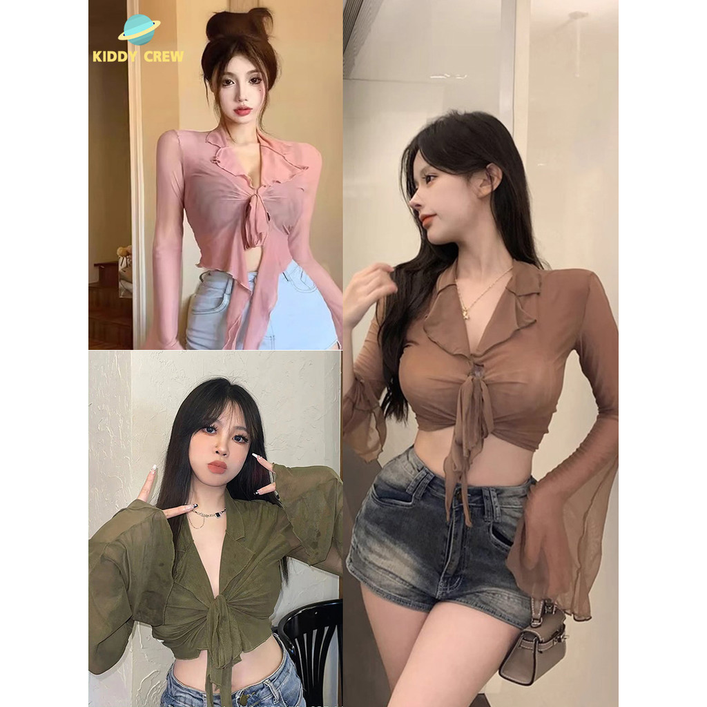 เสื้อครอปแขนยาว ผูกเชือก ตาข่ายโปร่ง สวมใส่ดูเซ็กซี่
