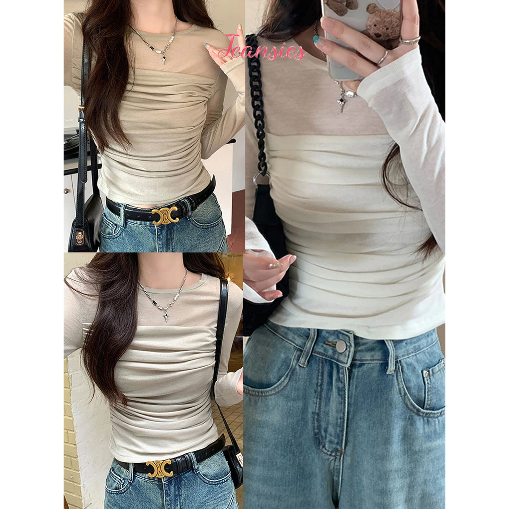 เสื้อยืดแขนยาว ดีไซน์เกาหลี เนื้อผ้านุ่ม พรางหุ่น