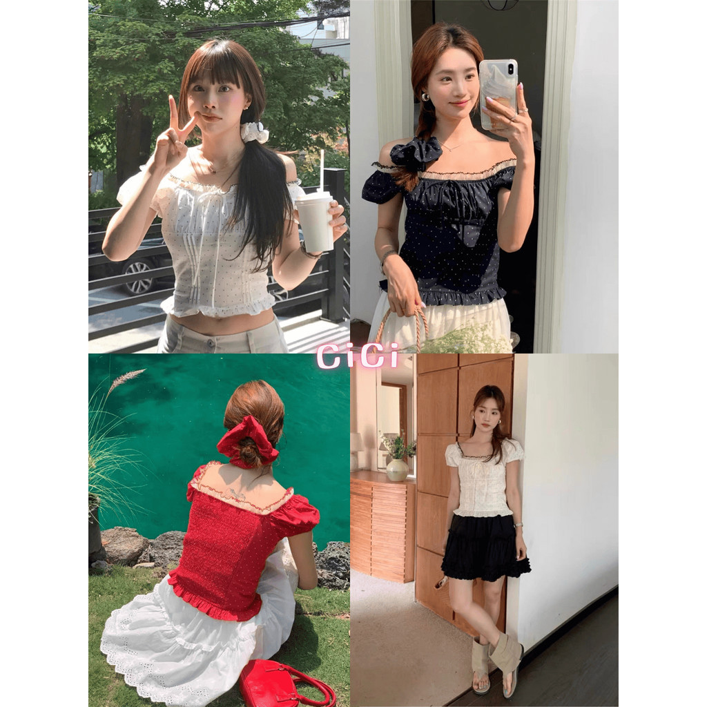 ส่งทันทีCici(NO. J2182) เสื้อแขนตุ๊กตาลาย Polka dot สม็อคหลังเข้ารูป แถมยางมัดผมเข้ากับชุด สไตล์สาวญี่ปุ่น
