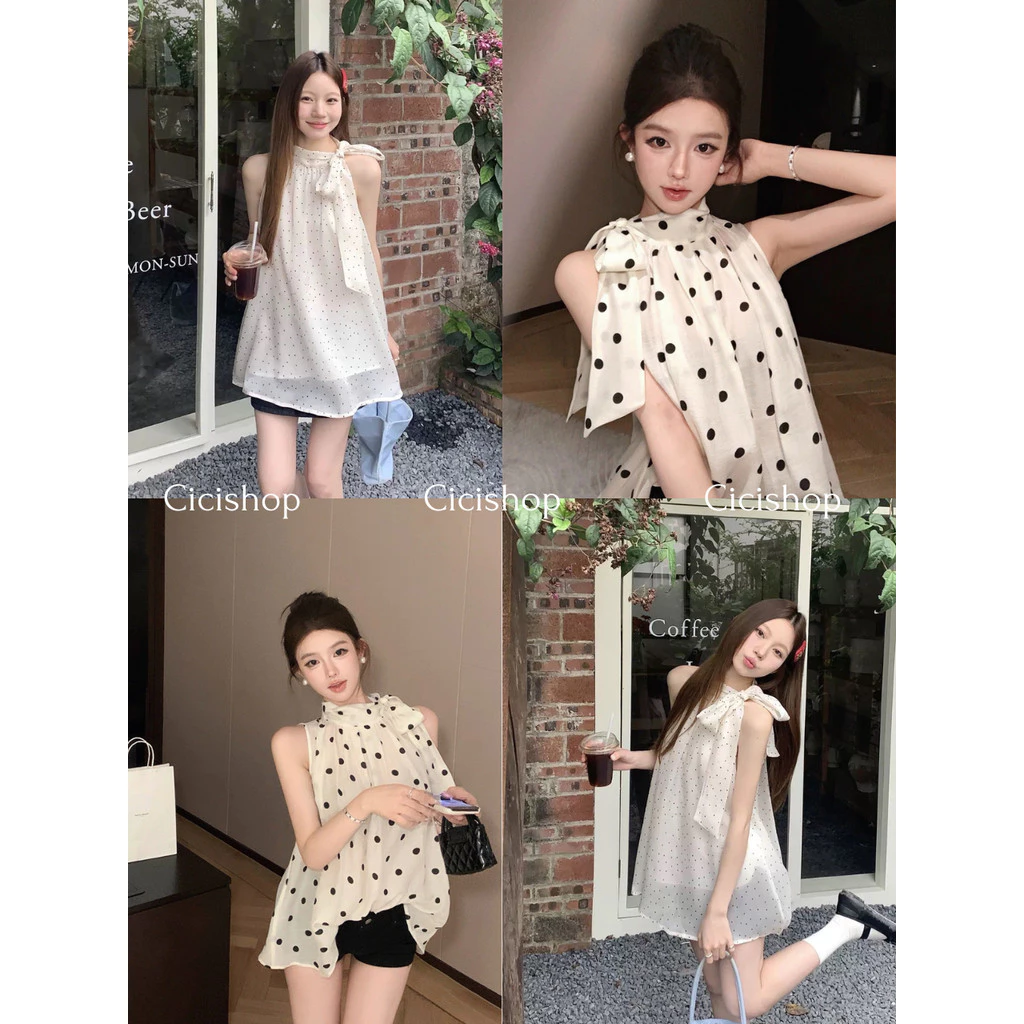 Cicishop(Y6369) เสื้อแขนกุดแต่งลาย Polka dot ทรงหลวมๆผ้าทิ้งตัว ใส่แล้วดูเป็นผู้ดีมีสไตล์ ผูกโบว์ด้านบน