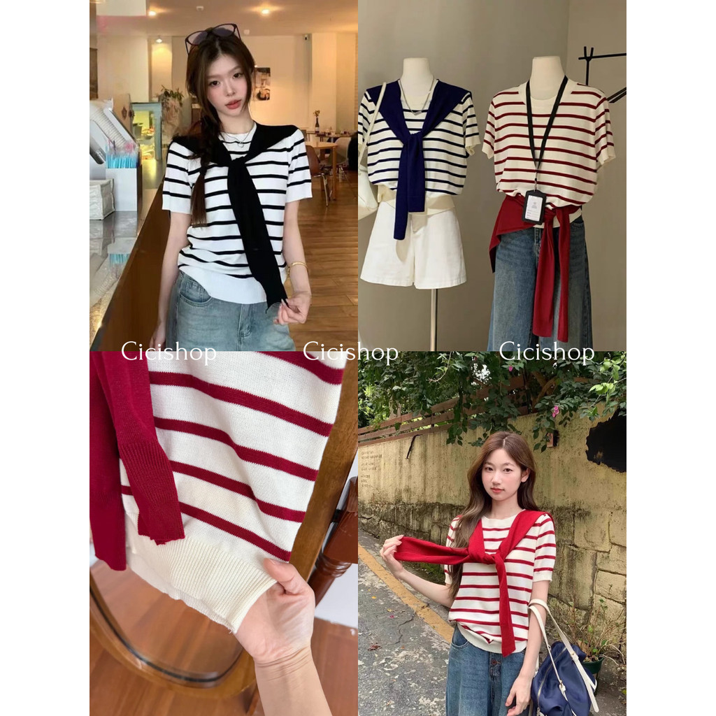 Cicishop(ฺB8775) เสื้อแขนสั้นไหมพรมลายทาง ผ้านุ่มใส่สบาย และผ้าคลุมไหล่ผ้าถัก สไตล์วินเทจฮิตยุค90