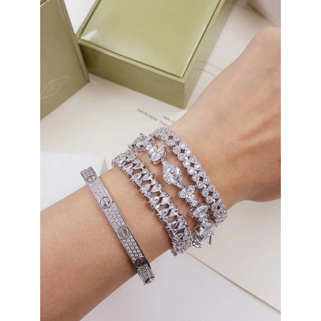 💥 สร้อยข้อมือเงินแท้ เรียบหรู ฝังเพชร CZ งานเกาหลี สไตล์มินิมอล ใส่ได้ทุกวัน ไม่แพ้ พร้อมส่ง