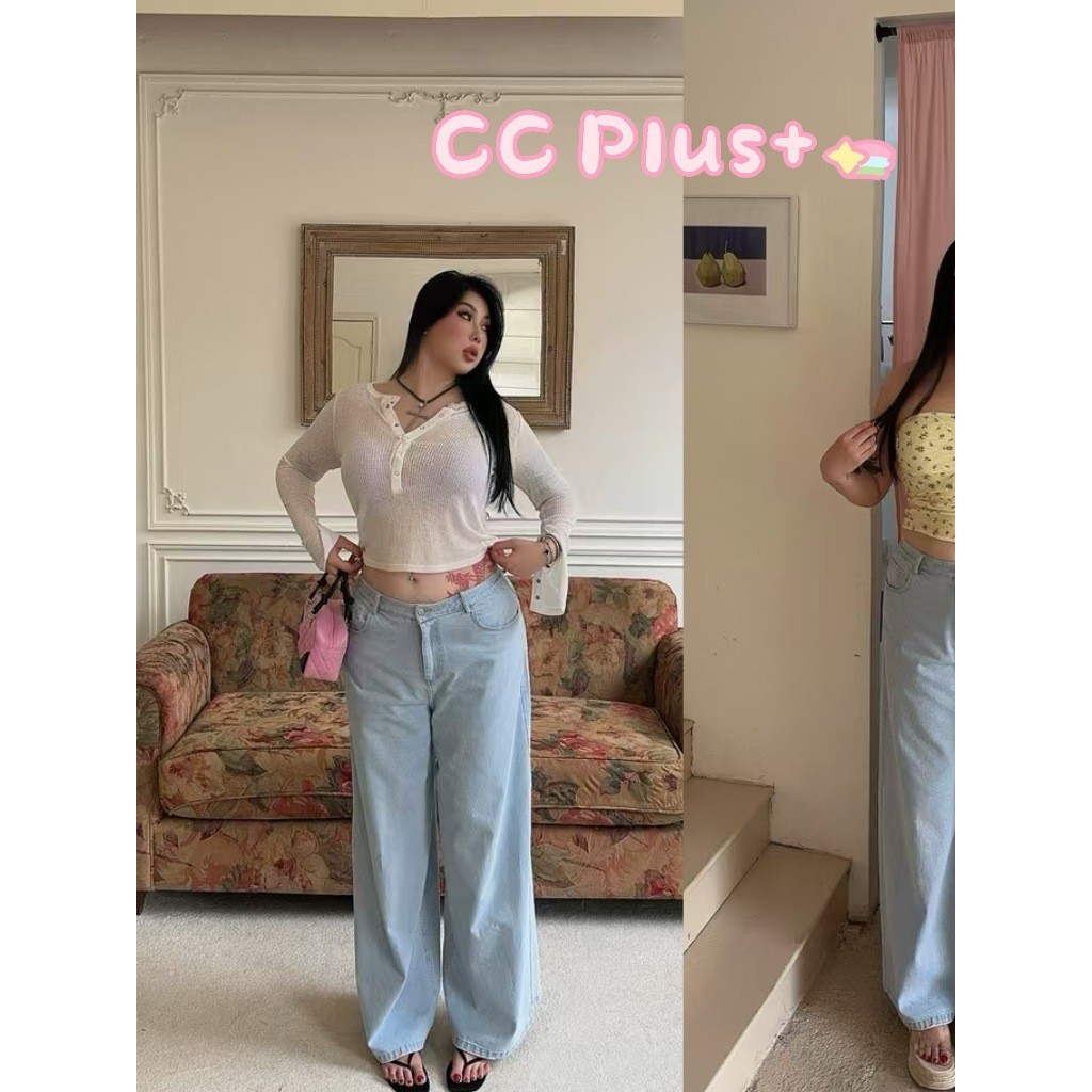 CiCi Plus+(635)กางเกงยีนส์ขากระบอกใหญ่ สไตล์มินิมอล สำหรับสาวพลัสไซส์