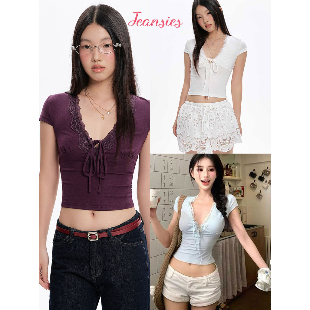 เสื้อครอปแขนสั้น ดีไซน์ดีผ้าลูกไม้ ช่วงหน้าอกทำให้เพรียว