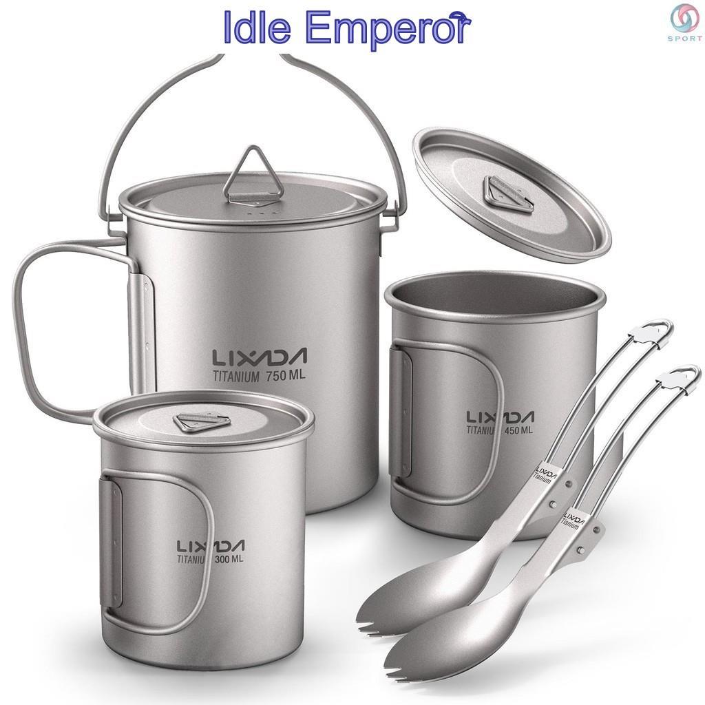 【⚽Sportstarlightweight Ti 5 ชิ้นชุด Ti 750ml หม้อ 450ml และ 350ml ถ้วยน้ําพร้อมฝาปิดพับพับพับ Spork 