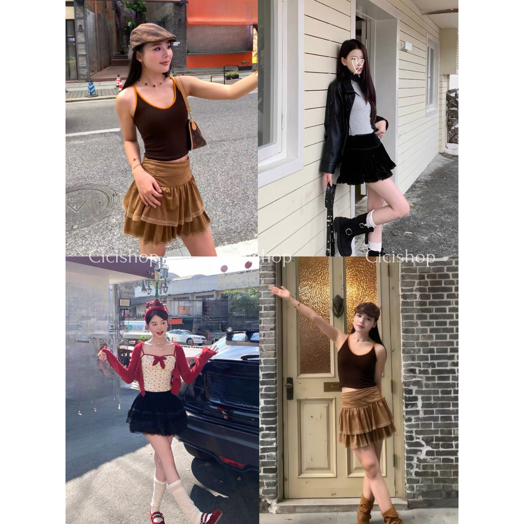 Cicishop(2541) กระโปรงสั้นทรงเลเยอร์ มีซิปข้างผ้าหนามีซับใน แต่งระบายลูกไม้ แนวสาวๆแฟรี่