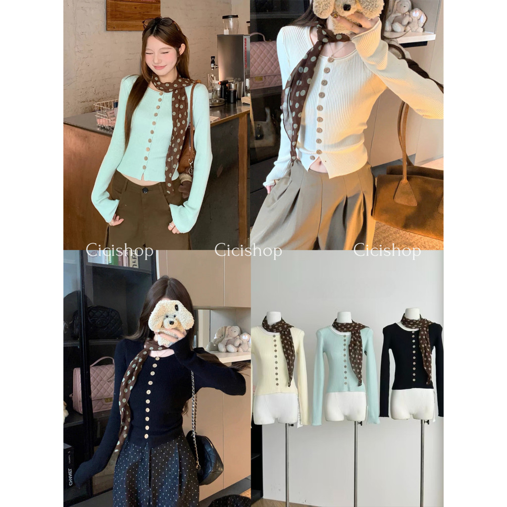Cicishop(XS828) เสื้อไหมพรมผ้าร่องแขนยาวแต่งกระดุมไม้ สลิมฟิต แถมผ้าพันคอลายจุด สไตล์ฤดูหนาว