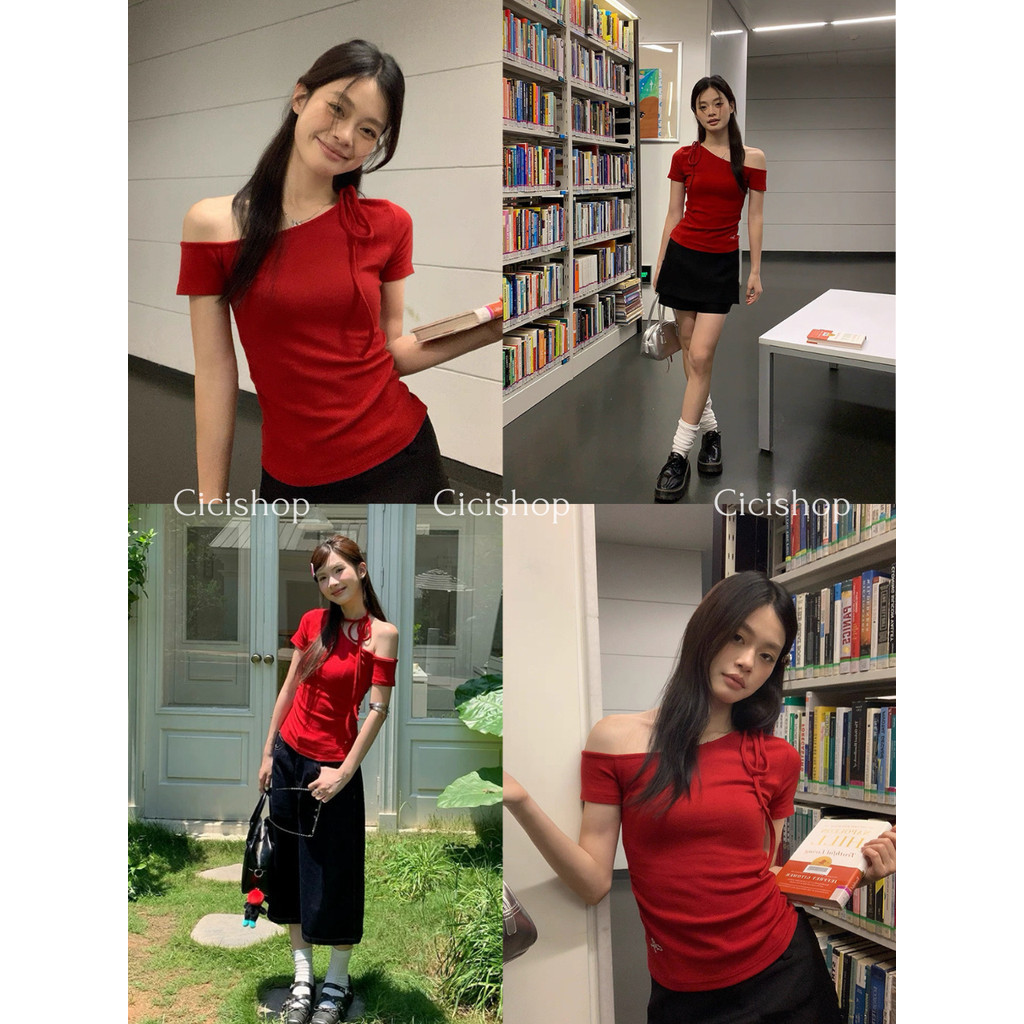 Cicishop(J2318) เสื้อแขนสั้นปาดไหล่เฉียง สีพื้น แถมที่พันคอ ผ้านิ่มยืดทรงสลิมฟิต แมทช์ได้หลายลุค