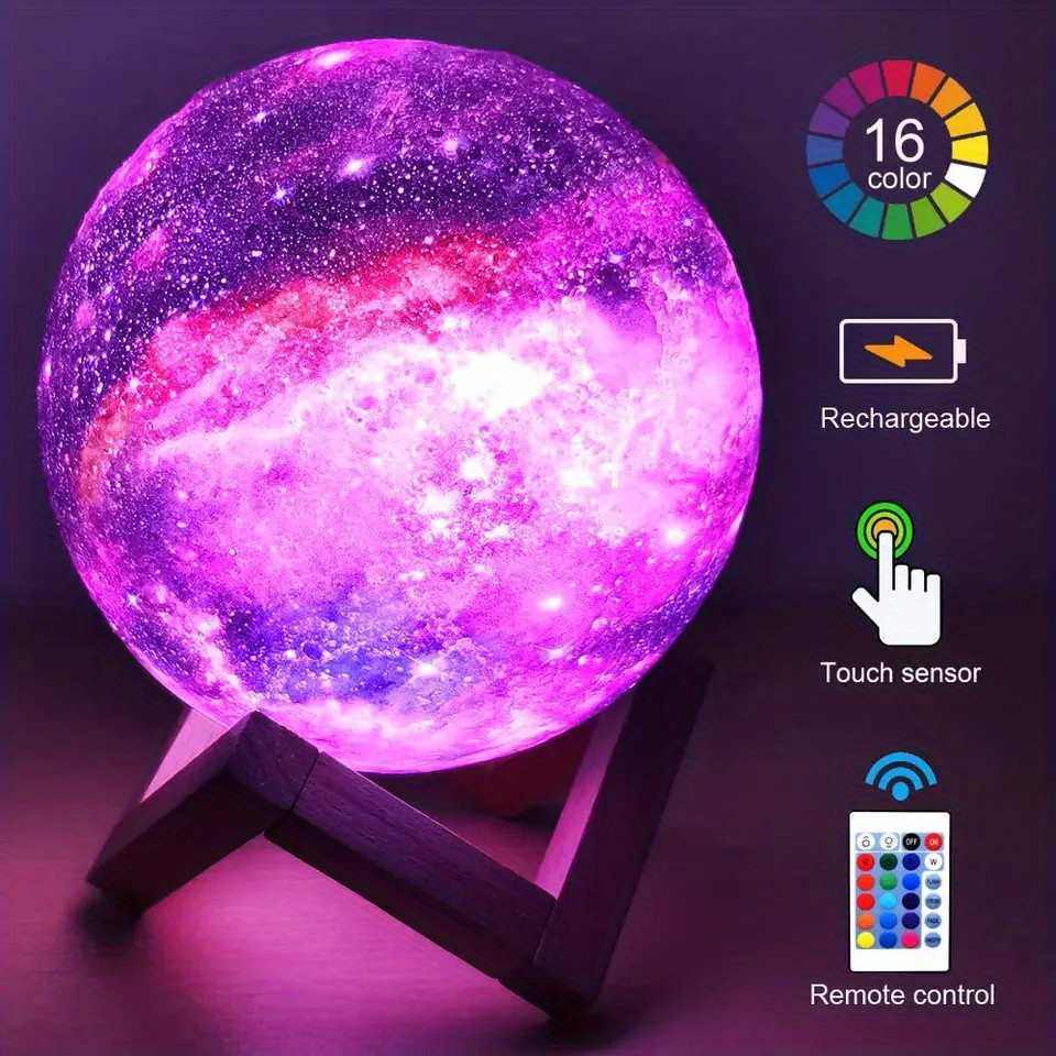 โคมไฟตั้งโต๊ะ USB ไฟพระจันทร์ ดวงจันทร์ 3D ปรับได้16สี โคมไฟตกแต่งห้อง