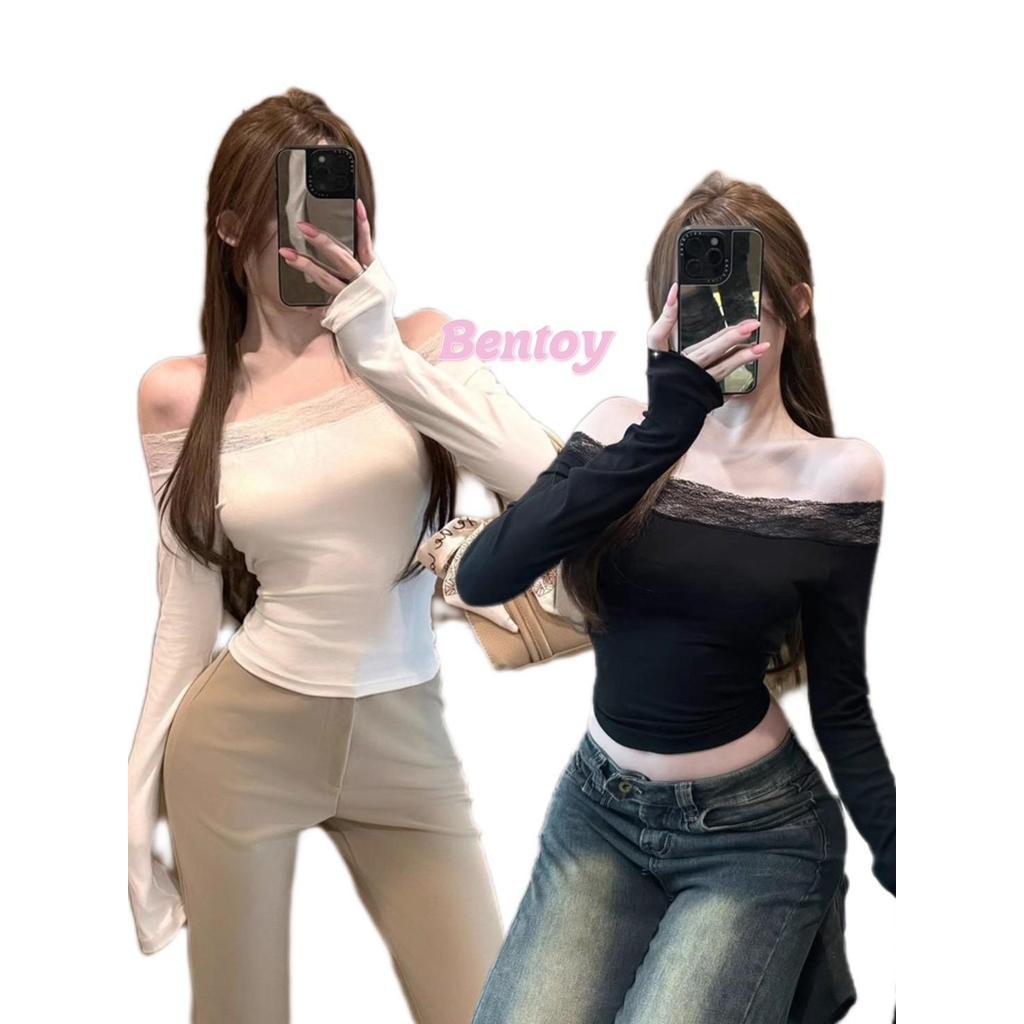 Bentoy(8719)เสื้อยืดแขนยาวปาดไหล่ ผ้านิ่ม ดีเทลแต่งลูกไม้หน้าอกและปลายเสื้อ เซ็กซี่เบาๆ