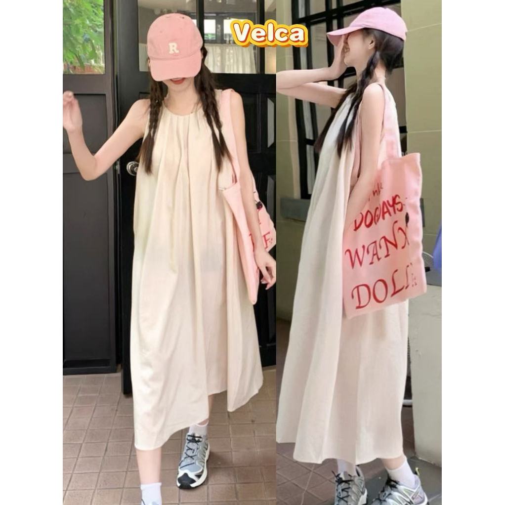 พร้อมส่งจากกทม  เดรสออกงาน คอกลมแขนกุด กระโปรงทรงเอ ดีเทลเว้าหลัง  สีพื้นมินิมอล พรางหุ่น🎀Velca