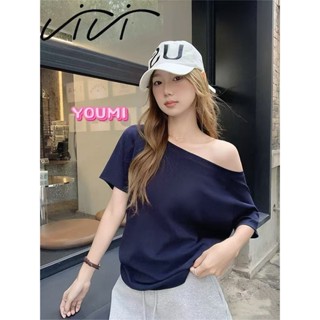 ส่งไวจากไทย เสื้อเเขนสั้นผู้หญิง เสื้อยืดเปิดไหล่ ทรงหลวม ใส…