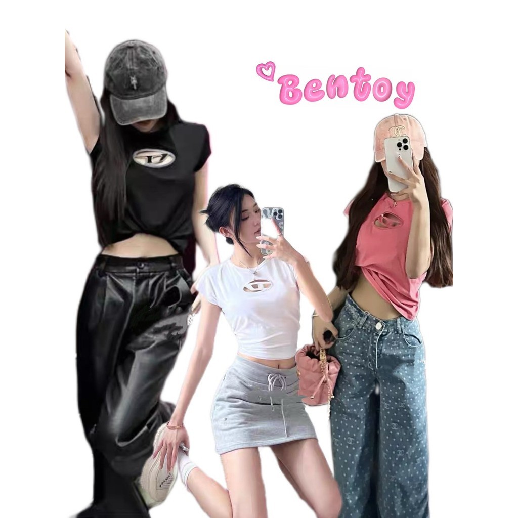 Bentoy (76101)เสื้อครอป เสื้อยืดแขนสั้น คอกลม แหวกอก ผ้าเรียบผ้านุ่มใส่สบาย