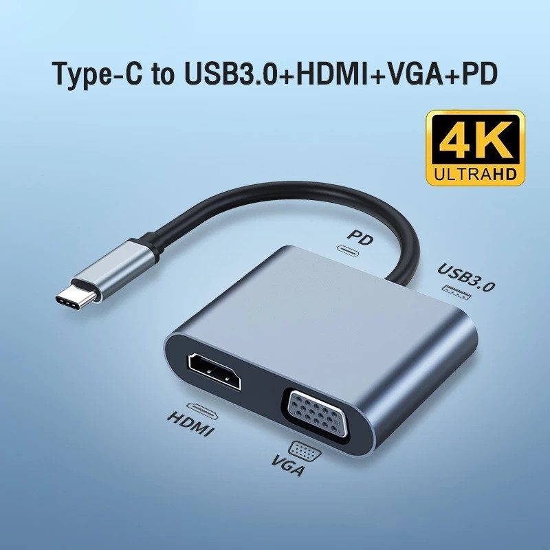 อะแดปเตอร์ USB C เป็น HDMI VGA 4in1 Type-c เป็น HDMI 4K สำหรับ MacBook Pro HP Envy 13 Dell XPS13/15 Lenovo miix510