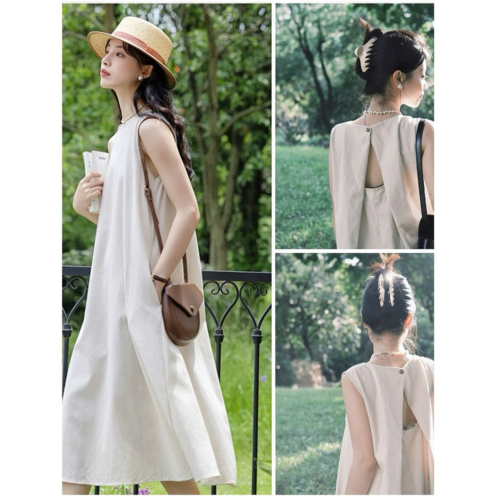 ชุดเดรสยาว เดรสคอกลม เนื้อผ้าใส่สบาย  เดรสแขนกุด ชุดเที่ยวทะเล เดรสทรงหลวม ชุดเดรสผู้หญิง สไตล์ลำลอง