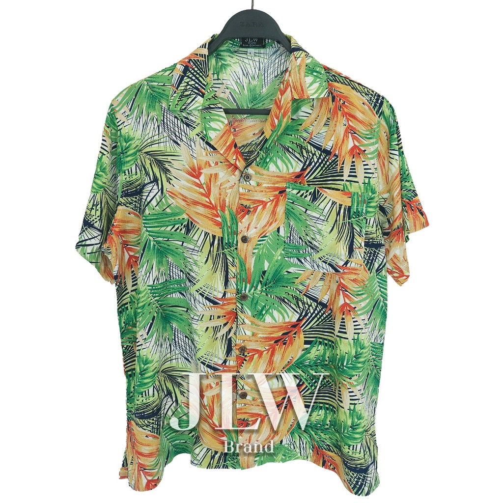 เสื้อฮาวาย ลายป่ารก ขาว ผ้านิ่ม M L XL Oversize คอฮาวาย JLW BRAND