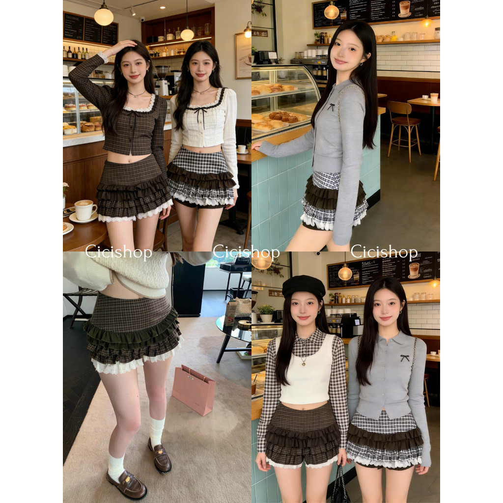 Cicishop(1011) กระโปรงเอวต่ำสไตล์บัลเล่ต์ ลายสก็อตระบายลูกไม้ กางเกงด้านในจั๊มขา ซิปข้าง ใส่แล้วน่ารักสาวเกาหลีสุดๆ