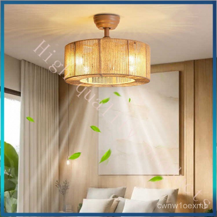 Wabi-Sabi Style Japanese Hemp Rope Ceiling Fan Light for Dining Room, Living Room, Bedroom, Variable