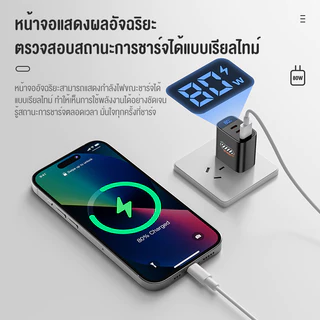 BASIKE Charger 80W 3-in-1 เครื่องชาร์จเร็ว USB Type C แบบ 3 พอร์ต Power Adapter GaN Fast Charger หน้าจอแสดงผลอัจฉริยะ