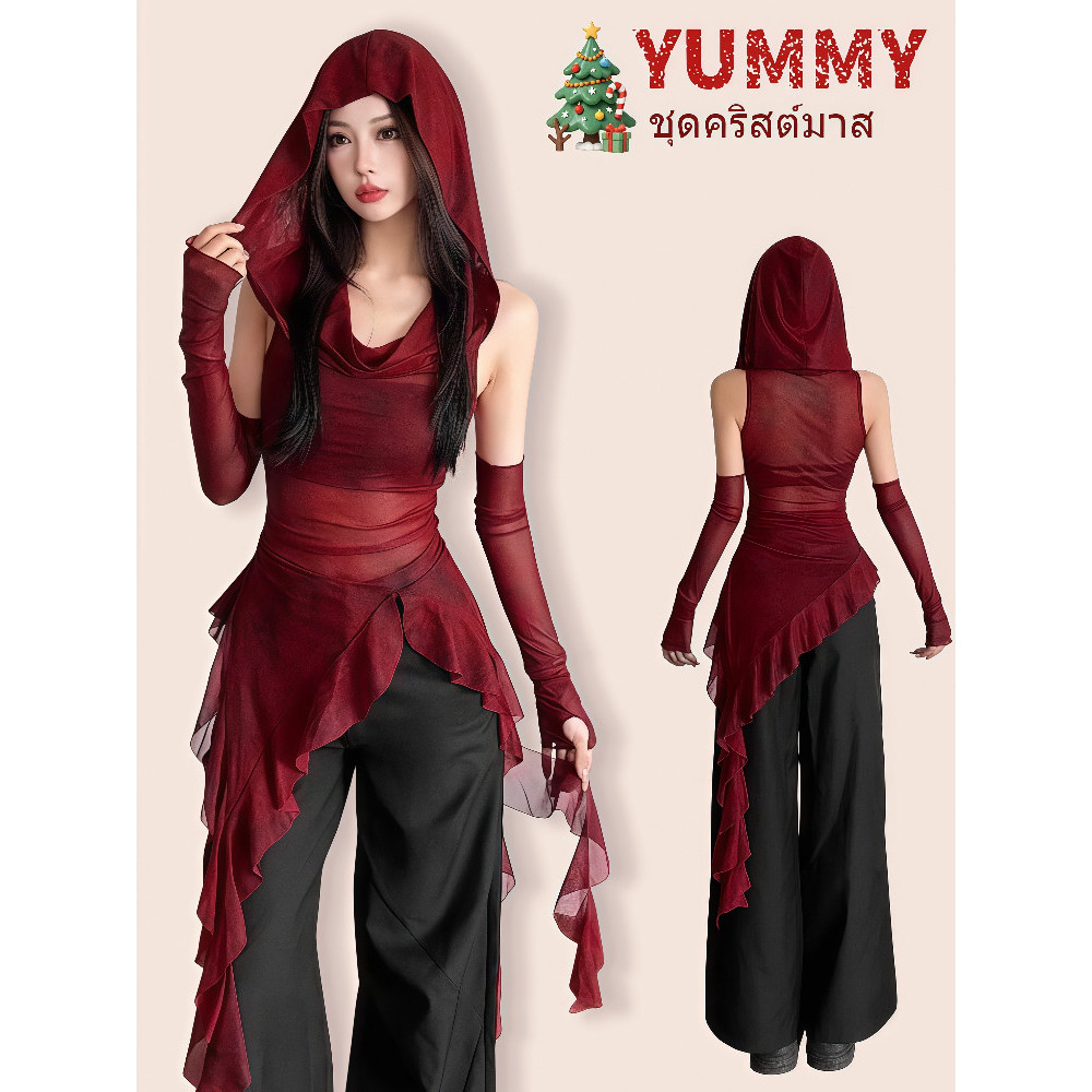 🎀Yummy Shop🎀 เดรส ฮูดดี้ผ้าซี่ทรู สีแดง แถมปลอกแขน ใส่สบาย เสื้อแฟชั่นผู้หญิง  (FY2801#1)