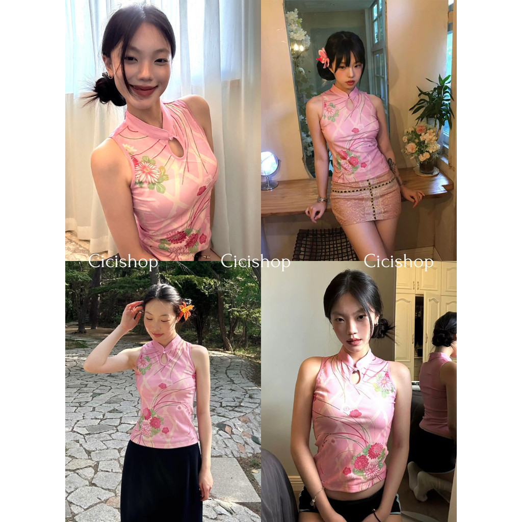 Cicishop(H88151) เสื้อซีทรูแขนกุดคอจีนสีชมพู พิมพ์ลายดอกไม้ เสื้อสไตล์ตรุษจีน เหมาะกับฤดูร้อน