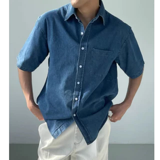 เสื้อดีนิมสีน้ำเงิน เสื้อผู้ชาย เสื้อแขนสั้น สไตล์ญี่ปุ่นและอเมริกัน รุ่นใหม่ ค่อนข้างและสะดวกสบาย