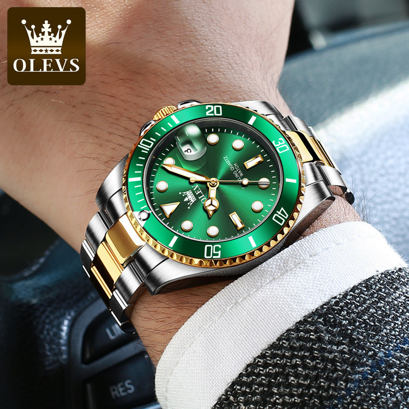 Oris quartz watch, green luminous men's watch, men's wristwatch