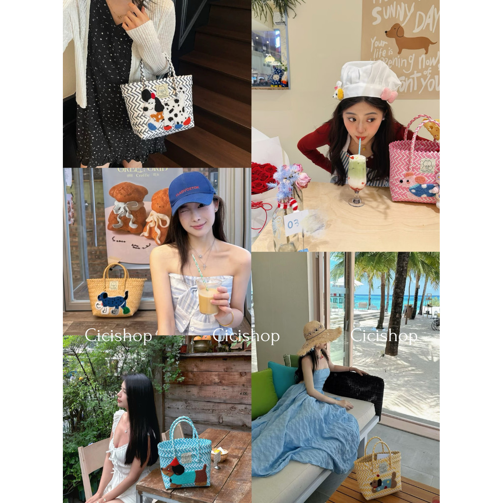 Cicishop(A135) กระเป๋าสานแบบถือจุของได้เยอะ ดีเทลน้องหมาน่ารักๆ แฟชั่นฤดูใบไม้ผลิ ถือเก๋ๆไปเที่ยว สไตล์คลาสสิค
