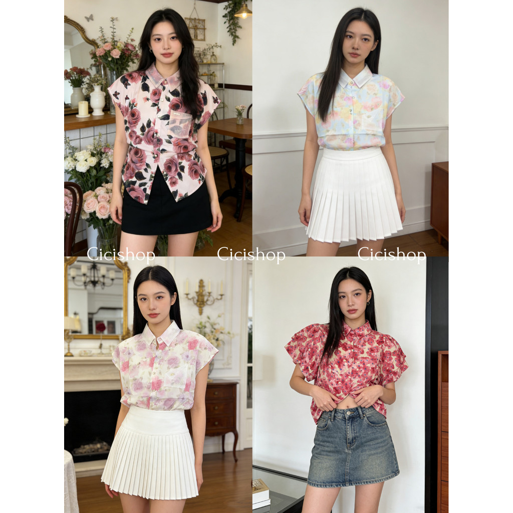 Cicishop(W328) เสื้อคอปกผ้าชีฟอง พิมพ์ลายดอกไม้แบบไฮคลาส แฟชั่นฤดูธ้อน ต้อนรับเทศกาลสงกรานต์