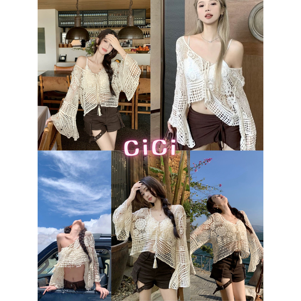 ส่งทันที Cici(No. 28134) เสื้อคลุมถักโครเชต์ผ้านิ่ม แขนกระดิ่ง แฟชั่นฤดูร้อน สไตล์โบฮีเมี่ยน