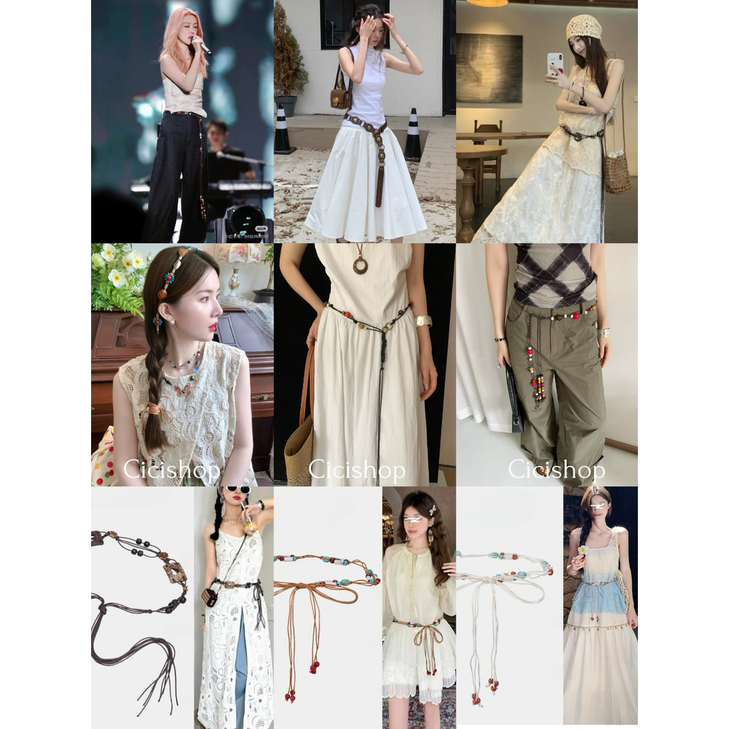 Cicishop (LD52) เข็มขัดคาดเอวโบฮีเมียนย้อนยุคลูกปัดวินเทจ เครื่องประดับแฟชั่นผู้หญิง เข็มขัดเชือกทอ