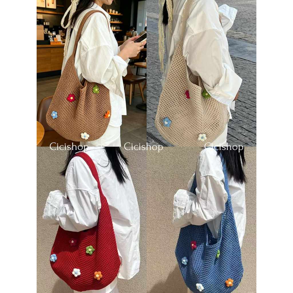 Cicishop(A138) กระเป๋าถักโครเชต์ตาข่ายโปร่ง มีเข็มกลัดดอกไม้แต่งน่ารักๆ จุของได้เยอะ สะพายเดินชายหาดหรือวันหยุดเก๋ๆชิคๆ