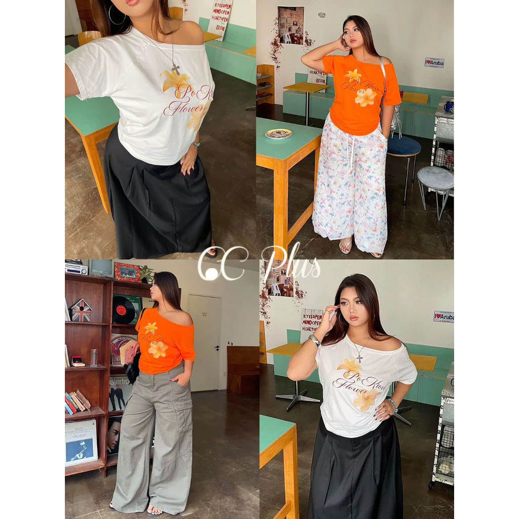 CiCi Plus+(J2568) เสื้อยืดสีสันสดใส พิมพ์ลายดอกไม้ ทรงเพรียวเหมาะสำหรับซัมเมอร์สุดๆ สไตล์สาวพลัสไซส์