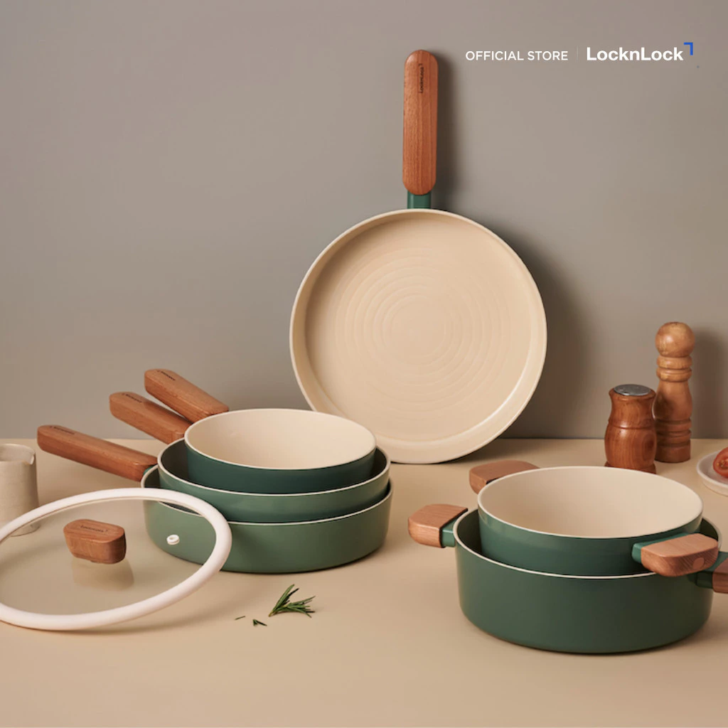 LocknLock หม้อและกระทะอเนกประสงค์เคลือบเซรามิก สีเขียว รุ่น Suit Sage IH (ขนาด 18/22/24 cm.)