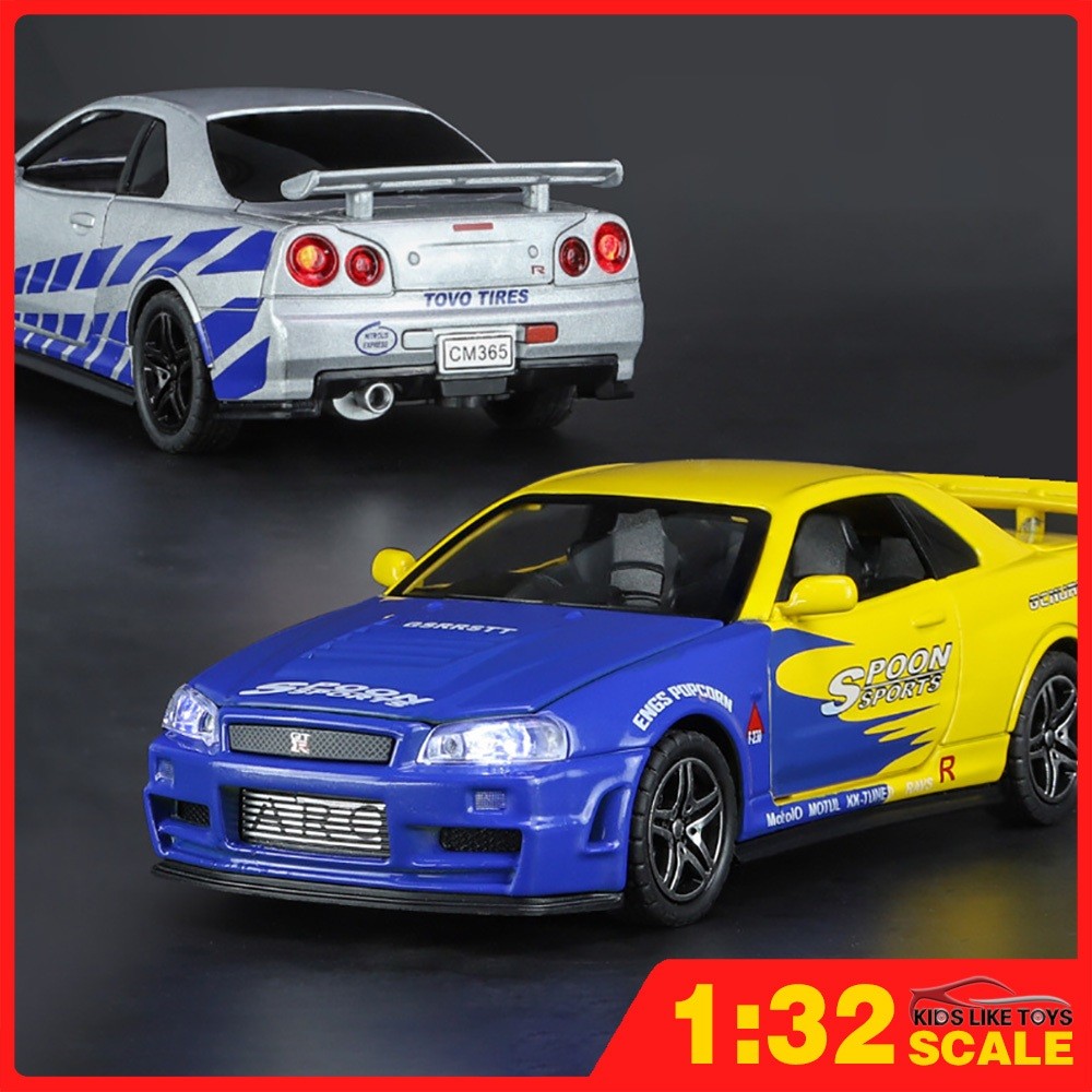 1:32 Nissan GTR R34 รถโมเดลโลหะผสมสําหรับเด็กของเล่นสําหรับของเล่นเด็กผู้ชายสําหรับรถยนต์ของเล่น