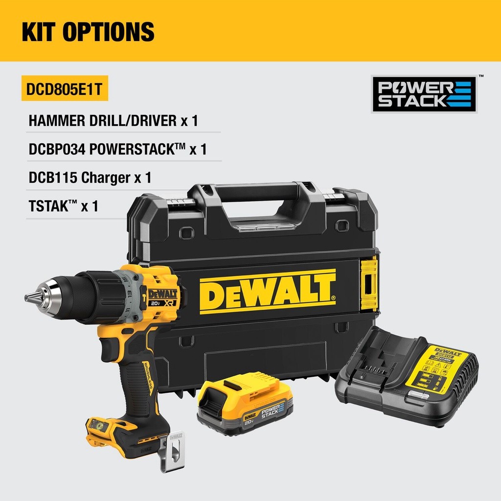 DEWALT สว่านกระแทกไร้สายไร้แปรงถ่าน 20V Max พร้อมแบตเตอรี่ Powerstack กล่อง TSTAK รุ่น DCD805E1T-B1,