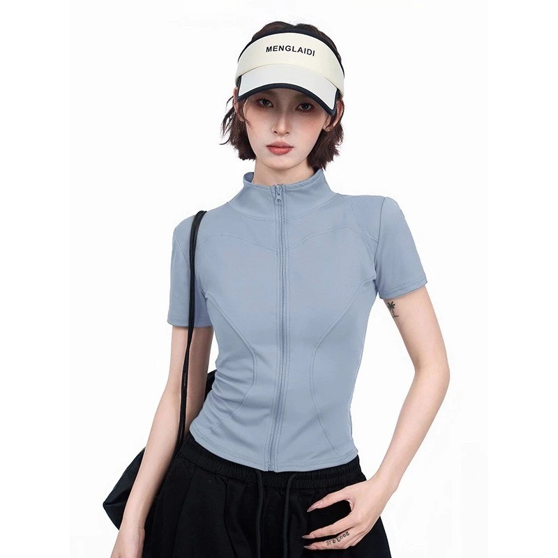 เสื้อยืดลำลอง แจ็คเก็ตแขนสั้นรัดรูป ซิปคอตั้ง ระบายอากาศได้ดี