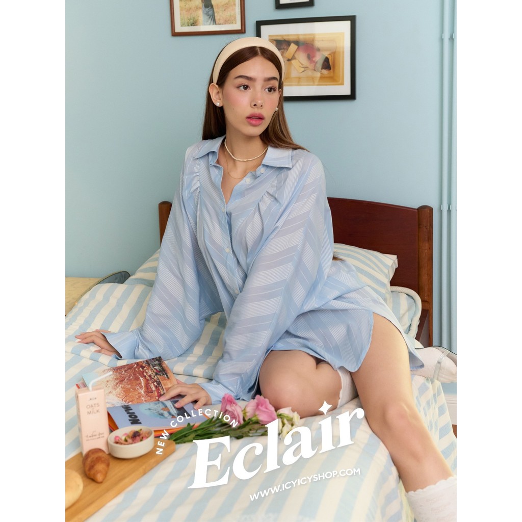 Eclair Shirts #TI14801 เสื้อเชิร์ท โอเวอไซส์ ตัดต่อลายริ้ว สีฟ้า
